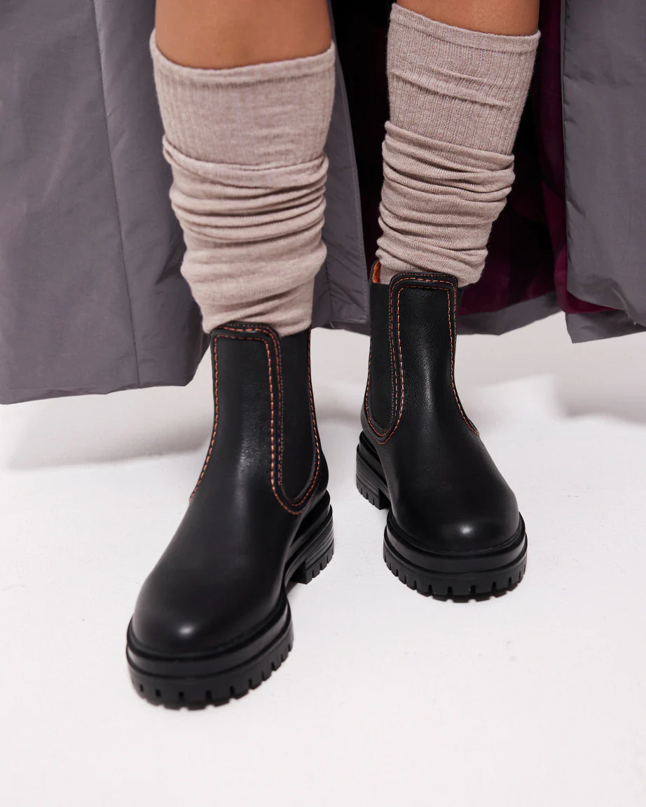 Reni Leather Chelsea Boots with Overstitch Detail | Black with Electric Peach - Image 3