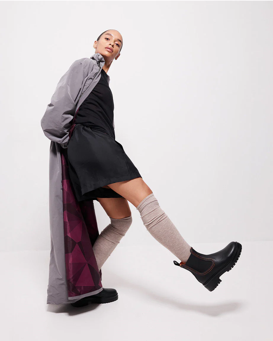 Reni Leather Chelsea Boots with Overstitch Detail | Black with Electric Peach - Image 6
