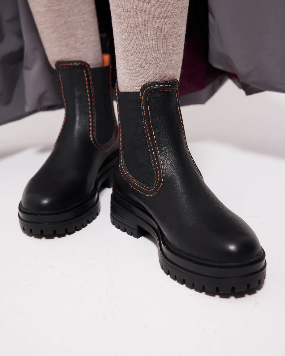 Reni Leather Chelsea Boots with Overstitch Detail | Black with Electric Peach - Image 7