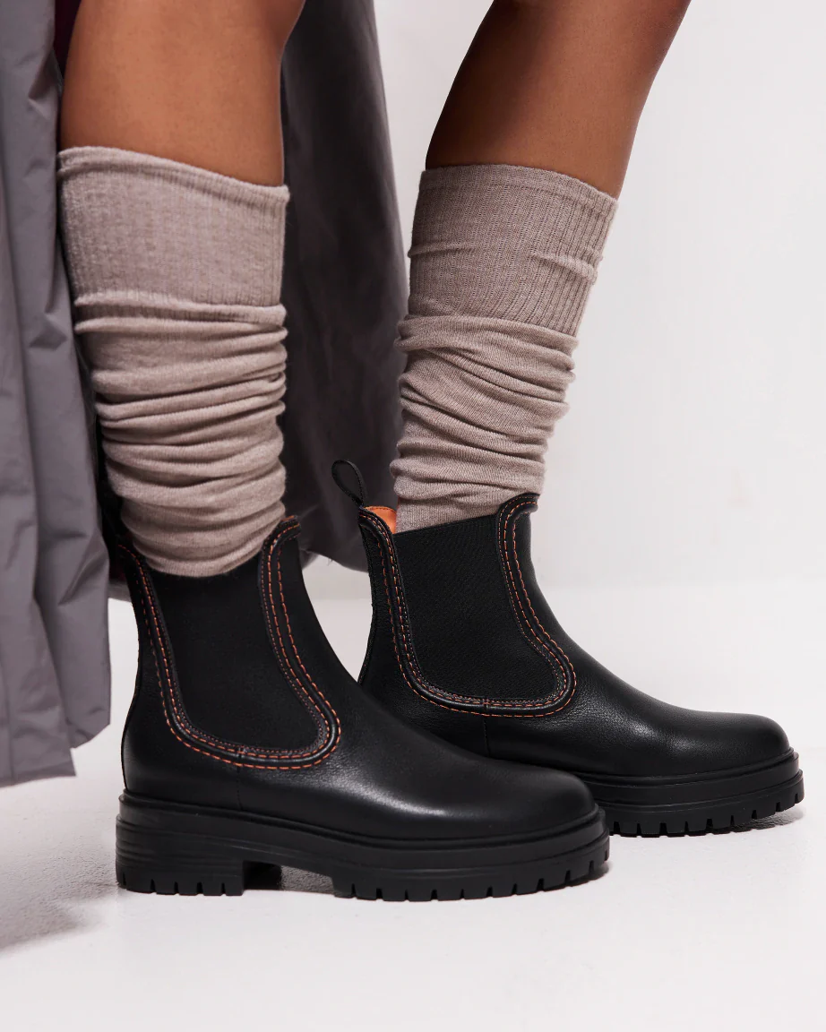 Reni Leather Chelsea Boots with Overstitch Detail | Black with Electric Peach - Image 8