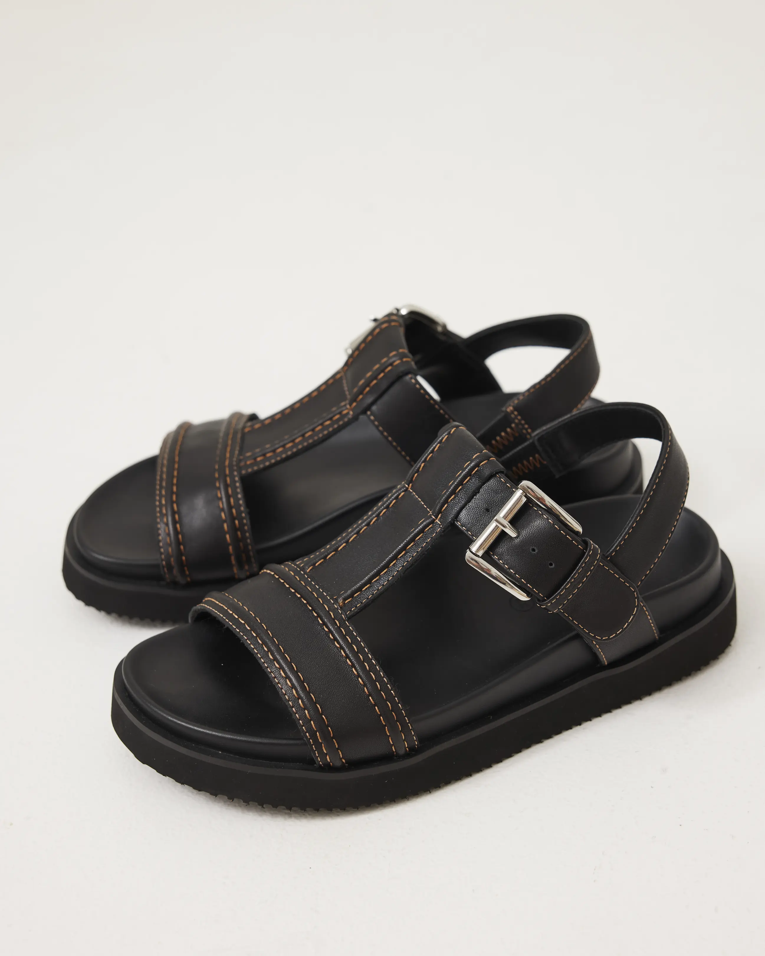 Visby T-Bar Sandal | Black with Electric Peach Topstitch - Image 3
