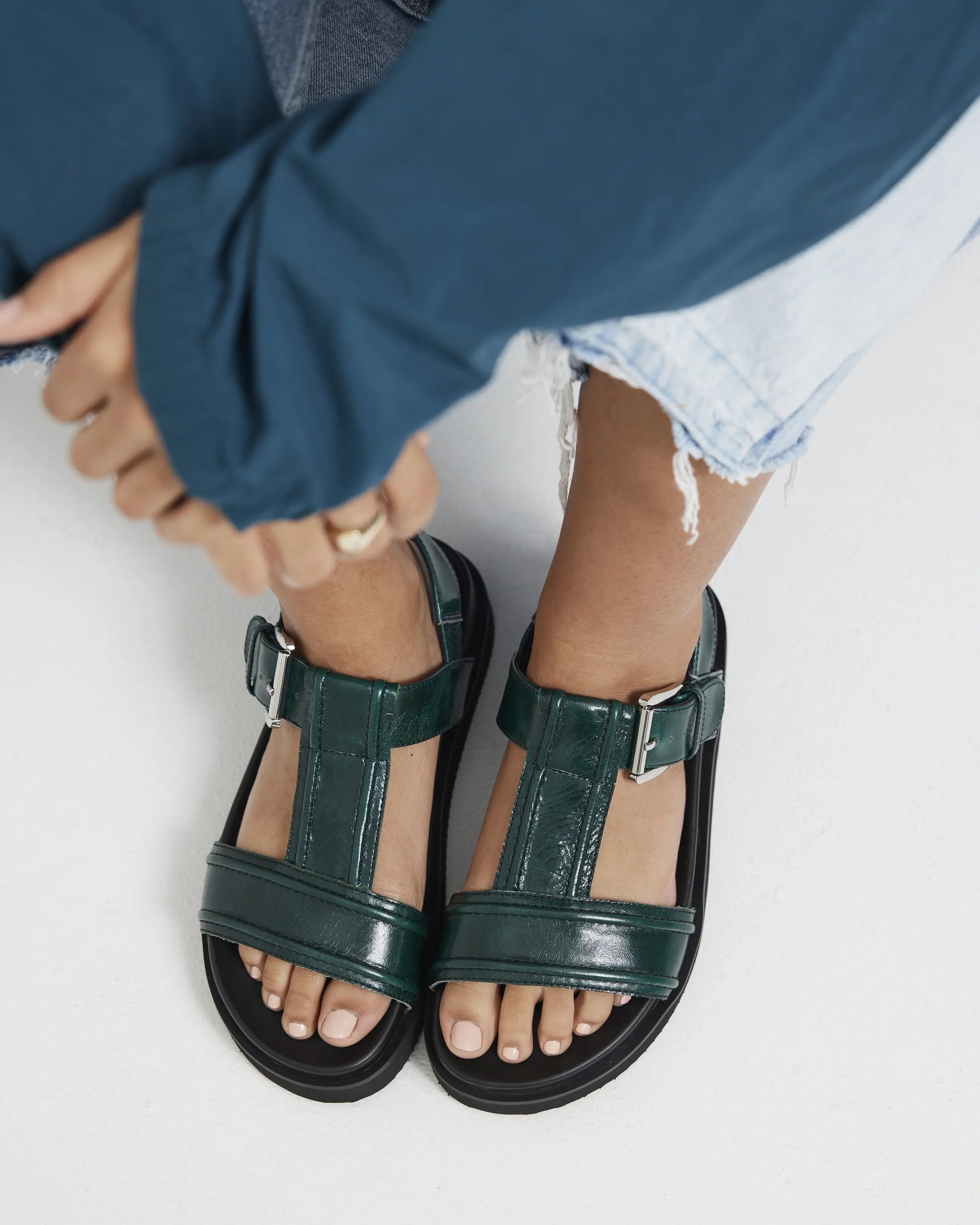 Visby T-Bar Sandal | Jade Green with Black Topstitch - Image 3