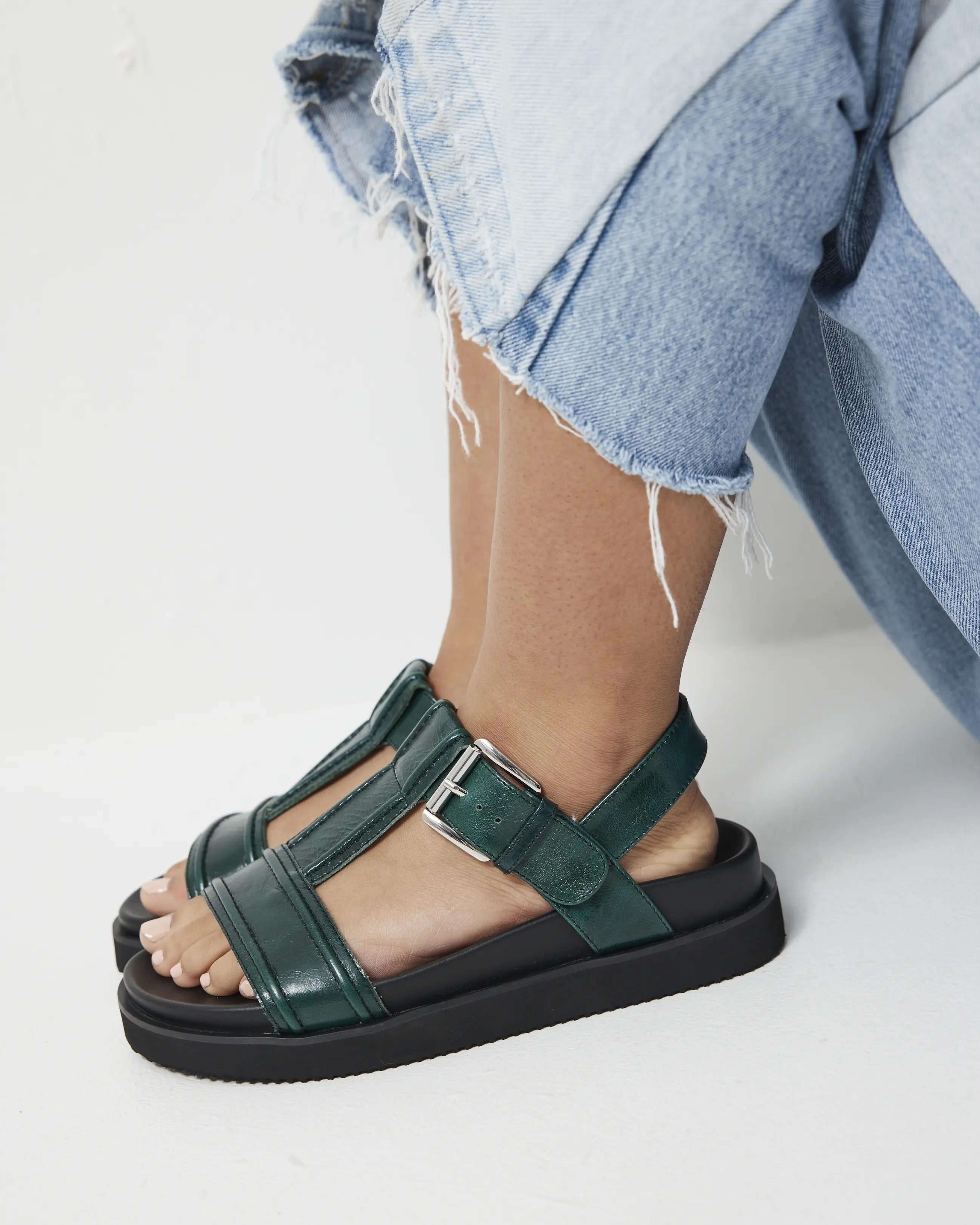 Visby T-Bar Sandal | Jade Green with Black Topstitch - Image 5